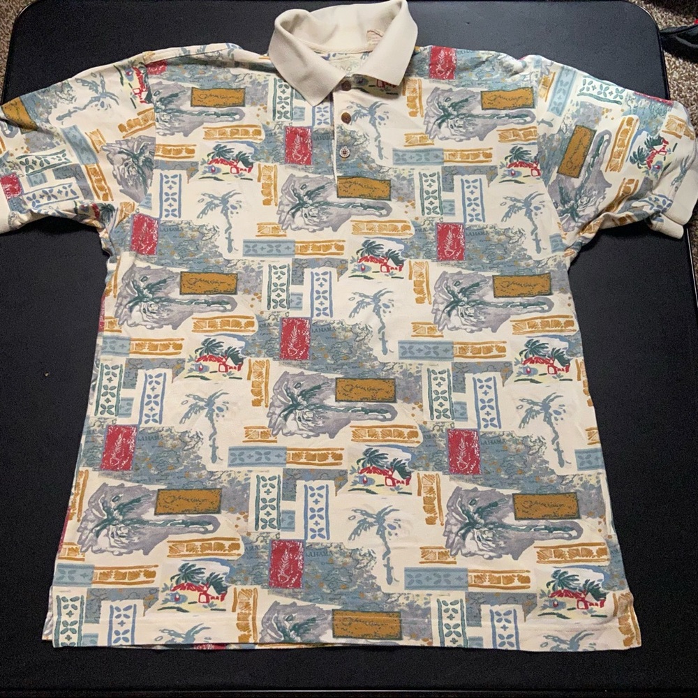 Vintage 90s Island Fever Hawaiian Al Over Print Polo Shirt USA Cream Tiki XLARGE